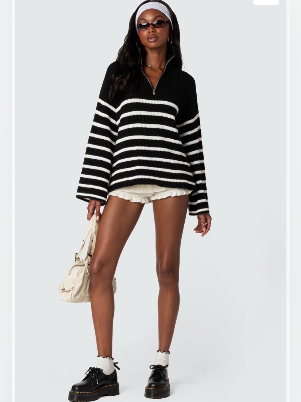 Edikted  Oversized Striped Navy and White Half-Zip Sweater SZ:XS